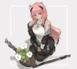  1girl ahoge animal_ear_fluff animal_ears arknights armor bangs barcode barcode_tattoo breasts earpiece eyebrows_visible_through_hair flower gravel_(arknights) guardless_sword hair_between_eyes headgear highres hood hoodie long_hair looking_at_viewer partial_bodysuit pink_hair plant potted_plant red_eyes shoes simple_background sin9 sleeveless smile solo tail tattoo thighhighs weapon zipper 