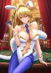  1girl absurdres animal_ears arm_support artoria_pendragon_(all) bangs bare_shoulders blonde_hair blue_legwear blue_neckwear blush breasts bunny_ears card casino cleavage collarbone column crown curtains detached_collar fate/grand_order fate_(series) fishnets fur_scarf green_eyes hair_between_eyes hair_over_breasts high_ponytail highres holding holding_card indoors large_breasts leotard light looking_at_viewer nail_polish navel navel_cutout necktie number pantyhose parted_lips pillar playing_card poker_chip roulette_table saber sitting sitting_on_table sleeveless slot_machine solo strapless table thigh_strap uguisugo white_leotard wrist_cuffs 