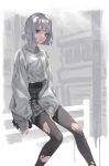  1girl absurdres grey_hair grey_skirt grey_theme highres original parted_lips plaid plaid_skirt purple_eyes railing reiga_(act000) short_hair sitting skirt sleeves_past_wrists solo torn_clothes torn_legwear 