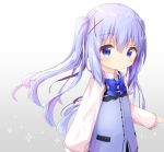  1girl absurdres alternate_hairstyle bangs blue_bow blue_eyes blue_hair blue_vest blush bow closed_mouth collared_shirt commentary_request dress_shirt eyebrows_visible_through_hair floating_hair gochuumon_wa_usagi_desu_ka? gradient gradient_background grey_background hair_between_eyes hair_ornament highres kafuu_chino long_hair long_sleeves looking_at_viewer nakkar rabbit_house_uniform shirt sleeves_past_wrists smile solo sparkle twintails uniform upper_body very_long_hair vest waitress white_background white_shirt x_hair_ornament 