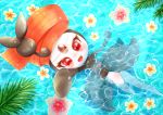  1girl afloat aije creature eyelashes flower highres looking_at_viewer meloetta meloetta_pirouette_forme no_humans partially_submerged pokemon pokemon_(creature) red_eyes smile solo 