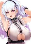  1girl anchor_choker armpits arms_up azur_lane bangs black_hairband blush breasts center_frills choker dido_(azur_lane) earrings frilled_choker frills hairband heart heart_earrings jewelry kanzaki_kureha lace-trimmed_hairband large_breasts long_hair looking_at_viewer open_mouth purple_eyes shirt silver_hair simple_background sleeveless sleeveless_shirt solo sweat tears trembling underboob underboob_cutout white_background 
