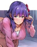  1girl all_fours blush breasts cleavage fate/stay_night fate_(series) looking_at_viewer matou_sakura purple_eyes purple_hair purple_sweater solo sweater takahito tan_skirt 