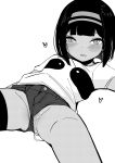  1girl bangs blush commentary_request dark_skin greyscale hairband heart highres looking_at_viewer lying monochrome on_back open_mouth original partially_visible_vulva shirt short_hair short_shorts short_sleeves shorts simple_background solo spread_legs thigh_strap toy_box-r white_background 