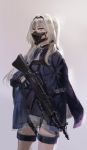  1girl an-94 an-94_(girls_frontline) assault_rifle bangs black_gloves blue_eyes eyebrows_visible_through_hair girls_frontline gloves glowing glowing_eyes grey_background grey_hair gun highres holding holding_gun holding_weapon jacket long_hair long_sleeves lynchis mask rifle simple_background solo tactical_clothes twitter_username weapon 