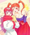  2girls animal bare_shoulders belt breasts cleavage collarbone curly_hair dog dragon_quest dragon_quest_ii dragon_quest_viii dress earrings fire full_body hand_up holding holding_animal holding_dog hood jessica_albert jewelry large_breasts long_hair long_sleeves looking_at_viewer multiple_girls off-shoulder_shirt off_shoulder open_mouth orange_hair pink_nails princess princess_of_moonbrook purple_eyes purple_hair purple_shirt pyrokinesis red_eyes red_skirt robe shirt skirt smile star_(symbol) twintails yuza 