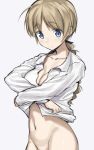 1girl ahoge blonde_hair blue_eyes breasts cleavage cowboy_shot dress_shirt eyebrows_visible_through_hair fankupl groin_tendon highres long_hair lynette_bishop navel no_panties shirt smile strike_witches thighs undressing white_background white_shirt world_witches_series 