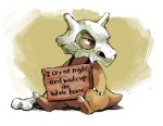  black_eyes bone brown_background commentary creature cubone english_commentary full_body gen_1_pokemon holding holding_bone no_humans onemegawatt pet_shaming pokemon pokemon_(creature) sign sitting solo 