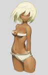  1girl beltbra blonde_hair breasts cleavage closed_mouth dark_skin guilty_gear guilty_gear_xrd long_hair looking_at_viewer navel ramlethal_valentine short_shorts shorts simple_background smile solo underboob zaki_(narashigeo) 