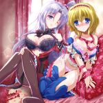  2girls alice_margatroid artist_name bed bed_sheet black_bra blonde_hair blue_eyes blue_shirt blue_skirt blush bow bowtie bra breasts cleavage collarbone commentary_request curtains dated dress eyebrows_visible_through_hair frilled_hairband frills hair_between_eyes hair_ornament hairband hand_on_own_knee heart indoors knees_up lace lace-trimmed_bra large_breasts long_hair looking_at_viewer multiple_girls one_eye_closed one_side_up open_clothes open_shirt panties pantyhose pillow pink_bra pink_panties red_dress ribbon shinki shirt short_hair side-tie_panties silver_hair sitting skirt smile sparkle touhou underwear window yamu_(reverse_noise) 