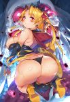  1girl ass asymmetrical_legwear asymmetrical_sleeves back bangs bare_shoulders black_bikini_bottom black_legwear blonde_hair blush breasts cape closed_mouth detached_collar earrings ereshkigal_(fate/grand_order) fate/grand_order fate_(series) gold_trim high_heels hoop_earrings jewelry large_breasts long_hair looking_at_viewer looking_back parted_bangs red_cape red_eyes single_sleeve skull smile solo sugihara_(sugihara2000) thighs tiara two_side_up very_long_hair 