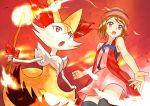  3_fingers 5_fingers attack blue_eyes bottomwear bow braixen brown_hair canid canine clothing eyebrows female fingers fire fluffy_ears fox fur hair hat headgear headwear human mammal mangaka nintendo open_mouth pok&eacute;mon pok&eacute;mon_(species) red_background red_bow red_eyes red_nose semi-anthro serena_(pok&eacute;mon) short_hair simple_background skirt stick tuft video_games white_body white_fur yellow_body yellow_fur 