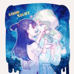  2girls blonde_hair brown_hair couple cup diana_cavendish english_text hand_on_another&#039;s_back happy heart kagari_atsuko little_witch_academia long_hair looking_at_another milk_puppy multicolored_hair multiple_girls night night_sky sky smile star_(sky) starry_sky teacup two-tone_hair wavy_hair yuri 