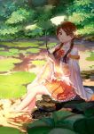 1girl bare_legs blush brown_hair chinese_clothes flower hair_flower hair_ornament highres long_hair looking_at_viewer ribbon twintails water you_hashira 
