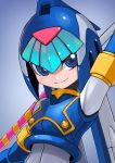  1girl android arm_up armpits blue_eyes bodysuit breasts capcom detached_sleeves gradient gradient_background helmet highres leviathan_(rockman) looking_at_viewer rockman rockman_zero simple_background smile solo tesshii_(riza4828) upper_body 