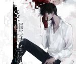  1boy adjusting_eyewear black_hair black_reaper blood copyright_name glasses gloves heterochromia highres kaneki_ken looking_at_viewer male_focus open_clothes open_shirt red_eyes red_gloves sasaki_haise shirt short_hair sitting sliklll solo tokyo_ghoul tokyo_ghoul:re 