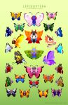  antennae bug butterfly butterfree creature dustox english_text fangs full_body gen_1_pokemon gen_3_pokemon gen_4_pokemon gen_5_pokemon gen_6_pokemon insect looking_at_viewer looking_away maizilla mothim pokemon pokemon_(creature) tumblr_username vivillon volcarona watermark web_address yellow_background 