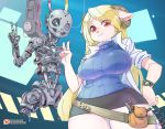  android animal_ears belt blonde_hair breasts cable highres horizontal_pupils horns large_breasts long_hair miniskirt original patreon_username sheep_ears sheep_girl sheep_horns shepherd0821 skirt sweater tools v watch white_skin 