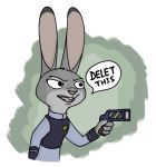  2020 anothercolouranon anthro buckteeth clothed clothing dialogue dipstick_ears disney electroshock_weapon english_text fur grey_body grey_fur holding_object holding_weapon judy_hopps lagomorph leporid mammal multicolored_ears open_mouth rabbit reaction_image solo speech_bubble taser teeth text weapon zootopia 