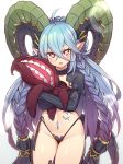  1girl blue_hair blush braid fangs fate/grand_order fate_(series) horns mou_tama_maru open_mouth pointy_ears red_eyes solo tiamat_(fate/grand_order) 