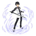  1boy augma black_eyes black_gloves black_hair black_pants closed_mouth frown full_body gloves hair_between_eyes highres holding holding_sword holding_weapon kirito looking_at_viewer male_focus non-web_source official_art pants shiny shiny_hair solo standing sword sword_art_online weapon 