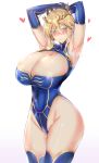  1girl ahoge armpits arms_behind_head arms_up artoria_pendragon_(all) artoria_pendragon_(lancer) bangs bare_shoulders blonde_hair blue_gloves blue_legwear blue_leotard blush braid breasts cleavage cleavage_cutout closed_mouth covered_navel crown elbow_gloves fate/grand_order fate_(series) french_braid gloves green_eyes hair_between_eyes heart heavy_breathing highleg highleg_leotard huge_breasts kumakichi_(cost-lost) leotard long_hair looking_at_viewer sidelocks simple_background smile solo sweat thighhighs thighs white_background 