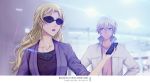  1boy 1girl amuro_tooru black_shirt blonde_hair blurry blurry_background character_name collarbone floating_hair hair_intakes hands_on_hips holding holding_phone jacket jewelry long_hair meitantei_conan monicanc necklace open_clothes open_jacket open_mouth phone pink_shirt purple_jacket purple_lips sharon_vineyard shirt silver_hair sleeves_rolled_up sunglasses upper_body white_jacket 
