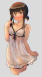  1girl alternate_costume artist_name blush brown_eyes brown_hair commentary_request cowboy_shot cropped_legs ergot fubuki_(kantai_collection) grey_background kantai_collection lingerie looking_at_viewer low_ponytail negligee nose_blush short_hair short_ponytail simple_background solo underwear 