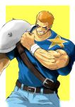 1boy anagumasan blonde_hair blue_shirt brian_battler clenched_hand denim facepaint highres jeans pants pauldrons shirt short_hair simple_background the_king_of_fighters 