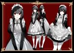  1girl apron black_border black_dress black_footwear black_hair border bow bowtie commentary dress dress_lift expressionless frame frilled_dress frills juliet_sleeves long_hair long_sleeves looking_at_viewer maid maid_apron maid_headdress mary_janes multiple_views naru_(ul) original pale_skin pantyhose parted_lips puffy_sleeves red_eyes shoes standing v_arms very_long_hair white_legwear white_neckwear wing_collar 