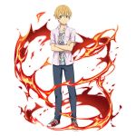  1boy blonde_hair blue_eyes blue_pants casual closed_mouth collarbone collared_shirt crossed_arms dress_shirt eugeo fire hair_between_eyes highres looking_at_viewer male_focus non-web_source official_art open_clothes open_shirt pants pink_shirt print_shirt red_footwear shiny shiny_hair shirt shoes short_sleeves smile sneakers solo standing sword_art_online wing_collar 
