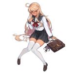  1girl ahoge alma_armas alternate_costume bag black_skirt blonde_hair breasts brown_footwear closed_mouth eyebrows_visible_through_hair girls_frontline glasses jill_stingray large_breasts loafers long_hair long_sleeves looking_at_viewer neckerchief official_art pleated_skirt red_neckwear school_bag school_uniform serafuku shoes skirt solo terras thighhighs transparent_background va-11_hall-a white_legwear 