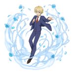  1boy :d bangs black_footwear black_jacket blonde_hair blue_eyes blue_flower blue_pants blue_rose collared_shirt eugeo flower hair_between_eyes highres ice jacket long_sleeves looking_at_viewer male_focus necktie non-web_source official_art open_clothes open_jacket open_mouth pants print_neckwear red_neckwear rose school_uniform shiny shiny_hair shirt smile solo sparkle sword_art_online white_shirt wing_collar 