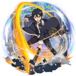  1boy black_coat black_eyes black_hair black_pants hair_between_eyes highres holding holding_sword holding_weapon kirito long_sleeves looking_at_viewer non-web_source official_art open_mouth pants shiny shiny_hair solo standing sword sword_art_online v-shaped_eyebrows weapon 