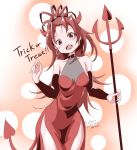  1girl alternate_costume alternate_hairstyle arm_up bare_shoulders blush breasts cleavage_cutout demon_horns demon_tail earrings fang hoop_earrings horns jewelry long_hair looking_at_viewer mahou_shoujo_madoka_magica mr_nini polearm red_eyes red_hair sakura_kyouko side_slit small_breasts smile solo tail thighs trick_or_treat trident weapon 