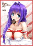  2020 absurdres arms_behind_back blue_eyes blush breasts candy chocolate chocolate_heart cleavage collarbone dress food hair_intakes happy_valentine heart highres kanon large_breasts long_hair minase_akiko mitarashi_kousei mouth_hold ribbon smile valentine white_dress 