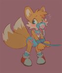  &lt;3 anthro blue_eyes blush bodily_fluids canid canine cheek_tuft clothing cub diaper dipstick_tail facial_tuft fox fur head_tuft legwear looking_back mammal miles_prower multicolored_tail orange_body orange_fur pacifier simple_background skidoo socks solo sonic_the_hedgehog_(series) standing sweat tuft twintails_(disambiguation) wrists_bound young 