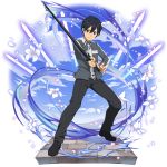  1boy bangs black_eyes black_hair black_pants closed_mouth flower grey_jacket hair_between_eyes highres holding holding_sword holding_weapon jacket kirito long_sleeves looking_at_viewer male_focus non-web_source official_art pants shiny shiny_hair smile solo sword sword_art_online uniform weapon white_flower 