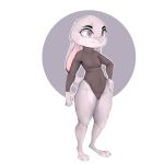  2020 anthro barefoot clothed clothing dipstick_ears disney ears_down female foxialist fur grey_body grey_fur judy_hopps lagomorph leotard leporid mammal multicolored_ears pivoted_ears purple_eyes rabbit smile solo standing thick_thighs zootopia 
