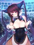  1girl bangs bare_shoulders black_dress blue_background blue_eyes blunt_bangs blush breasts china_dress chinese_clothes cleavage covered_navel detached_sleeves dress dress_pull fate/grand_order fate_(series) hair_ornament hands_on_own_chest highres kyundoo large_breasts long_hair looking_at_viewer plant purple_hair side_slit sidelocks solo sparkle thighs twintails very_long_hair yang_guifei_(fate/grand_order) 
