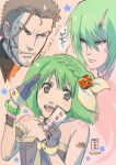  1girl 2boys ahoge arm_tattoo bare_shoulders bracelet braid breasts brera_sterne brother_and_sister brown_eyes brown_hair gloves green_hair hair_ornament head_tilt jewelry looking_at_viewer macross macross_frontier macross_frontier:_sayonara_no_tsubasa marufuji_hirotaka multiple_boys necklace ozma_lee ranka_lee red_eyes salute short_hair siblings sleeveless small_breasts smile speech_bubble tattoo 