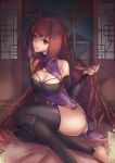  1girl absurdres alternate_costume black_legwear china_dress chinese_clothes detached_sleeves dress fate/grand_order fate_(series) graphite_(medium) hair_intakes highres long_hair purple_dress purple_hair red_eyes s86579450 scathach_(fate)_(all) scathach_(fate/grand_order) sitting sleeveless sleeveless_dress solo thighhighs traditional_media 