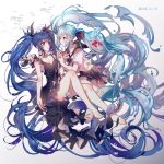  2018 3girls absurdly_long_hair akira_(ying) barefoot black_dress black_sailor_collar black_skirt blue_eyes blue_hair blue_nails bottle_miku breasts cleavage closed_mouth collarbone dated dress eye_contact floating_hair full_body hatsune_miku highres holding_hands liquid_hair long_hair looking_at_another medium_breasts miniskirt multiple_girls nail_polish open_mouth plaid plaid_skirt sailor_collar sailor_shirt school_uniform serafuku shinkai_shoujo_(vocaloid) shirt skirt sleeveless sleeveless_dress very_long_hair vocaloid white_background white_shirt 