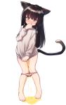  1girl absurdres animal_ears bangs barefoot black_hair blush bottomless cat_ears cat_tail clothes_tug commentary_request covering_mouth embarrassed eyebrows_visible_through_hair flat_chest full_body grey_sweater hand_up highres knees_together_feet_apart korean_commentary kosobin long_hair long_sleeves looking_down nose_blush original oversized_clothes panties panty_pull peeing peeing_self puddle shiny shiny_hair simple_background solo standing sweater sweater_tug tail underwear wet wet_clothes wet_panties white_background white_panties yellow_eyes 