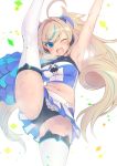  1girl ahoge arm_up blonde_hair blue_eyes breasts cheerleader large_breasts leg_up mel/a one_eye_closed original sweat thighhighs twintails 