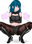  1girl absurdres ass bangs bare_shoulders black_footwear black_gloves black_shirt black_shorts blue_eyes blue_hair blush boots breast_hold breasts brown_legwear byleth_(fire_emblem) byleth_(fire_emblem)_(female) cleavage_cutout closed_mouth commentary_request crossed_arms elbow_gloves embarrassed eyebrows_visible_through_hair facing_away fire_emblem fire_emblem:_three_houses flying_sweatdrops full_body gloves hair_between_eyes high_heel_boots high_heels highres knee_boots large_breasts medium_hair midriff navel no_armor pantyhose patterned_clothing shadow shiraga_moyashi shirt short_shorts shorts sidelocks simple_background sleeveless sleeveless_shirt solo spread_legs squatting translation_request white_background 