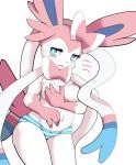  blue_eyes blush breasts clothed clothing covering covering_breasts eeveelution female nintendo panties pok&eacute;mon pok&eacute;mon_(species) san_ruishin simple_background sylveon topless underwear video_games white_background 