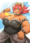  alternate_species animal_humanoid big_breasts blue_eyes bowser bowsette_meme breasts clothed clothing collar colored_nails crown dress female fire hair horn humanoid humanoidized jewelry koopa_humanoid looking_at_viewer mario_bros nails nintendo ocaritna overweight overweight_female piercing red_hair red_nails scalie scalie_humanoid smile solo spiked_collar spikes super_crown tan_body tan_skin video_games wide_hips 