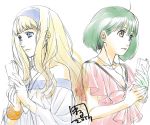  2017 2girls ahoge bangle bare_shoulders blonde_hair blue_eyes bracelet brown_eyes collarbone earphones fingernails graphite_(medium) green_hair hands headband holding jewelry long_hair macross macross_frontier macross_frontier:_itsuwari_no_utahime marufuji_hirotaka multiple_girls necklace ranka_lee sheryl_nome short_hair smile traditional_media 