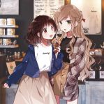  2girls braiding_hair cafe food futaribeya hairdressing ice_cream jacket kawawa_sakurako long_hair multiple_girls shirt skirt yamabuki_kasumi yukiko_(tesseract) 
